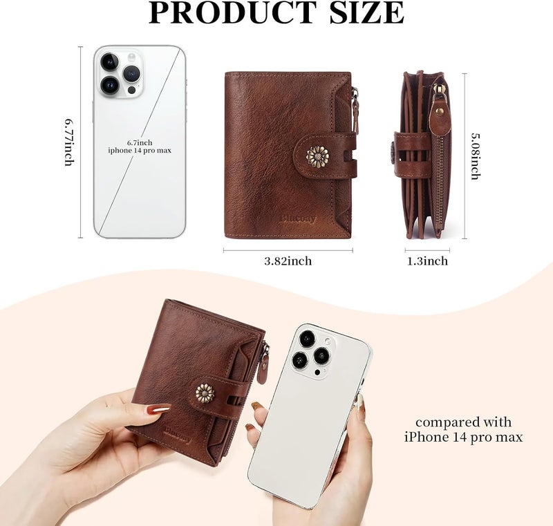 Blucoay Wallet Women,RFID Blocking Womens Wallet,Real Leather Bifold Compact Small Wallet for Women Card Holder with Zip Coin Pocket(Darkcoffee) - Image 4